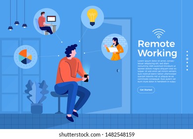 Illustrations cartoon flat design concept remote working. Everywhere can be office with technology internet and wifi for connecting worker and resource. Vector illustration.