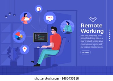Illustrations cartoon flat design concept remote working. Everywhere can be office with technology internet and wifi for connecting worker and resource. Vector illustrate.