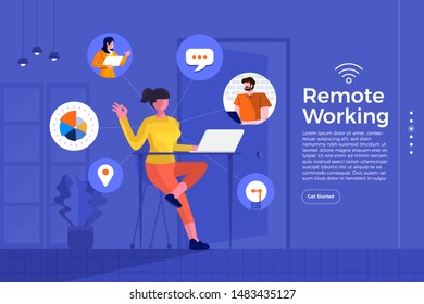 Illustrations cartoon flat design concept remote working. Everywhere can be office with technology internet and wifi for connecting worker and resource. Vector illustrate.