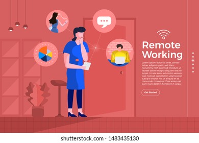 Illustrations cartoon flat design concept remote working. Everywhere can be office with technology internet and wifi for connecting worker and resource. Vector illustrate.