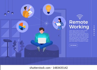 Illustrations cartoon flat design concept remote working. Everywhere can be office with technology internet and wifi for connecting worker and resource. Vector illustrate.