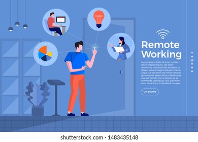 Illustrations cartoon flat design concept remote working. Everywhere can be office with technology internet and wifi for connecting worker and resource. Vector illustrate.