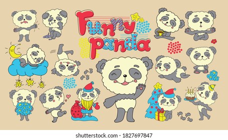 Illustrations of cartoon pandas.
Big set of funny panda stickers with different emotions