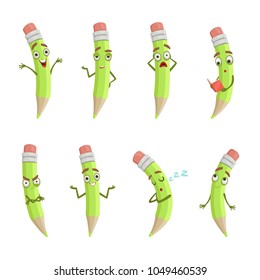 Illustrations of cartoon pencils with different emotions. Cartoon pencil funny character, emotion face drawing vector