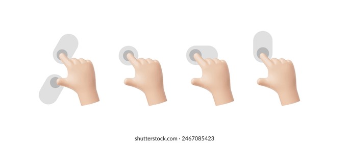 Illustrations of cartoons 3D gestures hand for interactive mobile interfaces. Vector icons include zooming, clicking, sliding and rotatin on a white background.