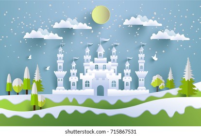 illustrations of castles and snow in the winter with green hills covered with beautiful white snow. vector illustration with design paper art and crafts