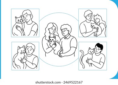 Illustrationen von Katzen, die mit ihren Besitzern kuscheln und interagieren und dabei die besonderen Augenblicke der Bindung zwischen Haustier und Mensch hervorheben. Perfekt für herzliche Designs.