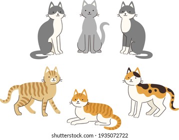 
Illustrations of cats with various coat color and patterns and poses (sit, stand, lie down)