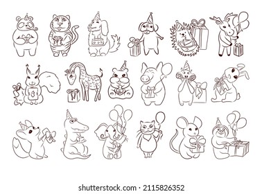 Illustrations with celebrating animals in sketch style. Set of animals with gifts and balloons.