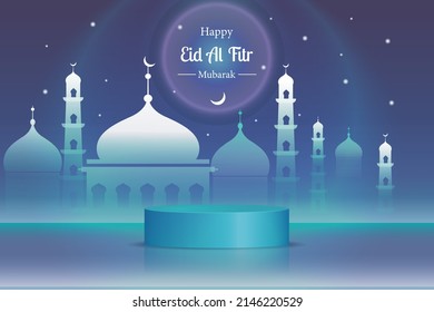 Illustrations for celebrating Ramadan and Eid Al-Fitr, Islamic backgrounds with Arabic patterns and bright colors, suitable for commercials and Ramadan content. mosque silhouette and 3d blue podium 