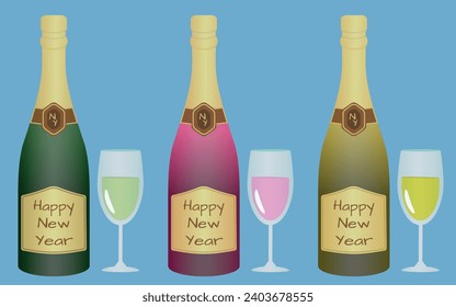 Illustrations of Champagne Bottles and Glasses, 3 Different Colors Flavors, Traditional, Rose and Gold. Happy New Year Message on Labels