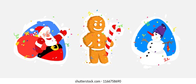 Illustrations of characters for the New Year. Vector. Santa Claus, Snowman, Gingerbread. Characters stickers for banner and print. Images are isolated on background. Fashionable bright illustration.