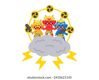 Illustrations of the characters of Rai-sama (Red Oni, Blue Oni, Yellow Oni).