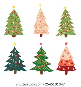 Illustrations of charming Christmas trees, perfect for enhancing your holiday season projects. Ideal for use in greeting cards, digital decorations, or other creative projects.