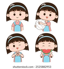 Illustrations of a cheerful girl smiling, holding a volleyball, laughing joyously, and enjoying watermelon. Perfect for kid-friendly and educational content.