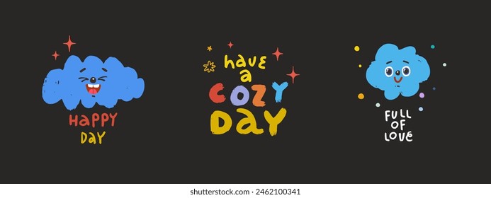 Illustrations of cheerful messages with clouds and colorful letters