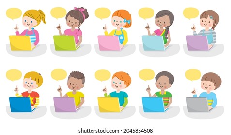 Illustrations of children from all over the world operating computers with a smile