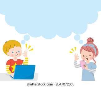 Illustrations of children around the world talking by operating a computer