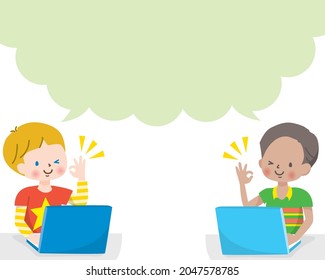 Illustrations of children around the world talking by operating a computer