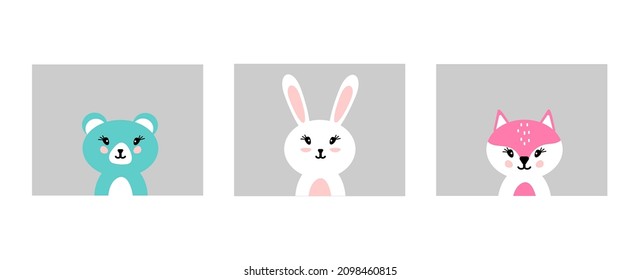 Illustrations for children. Bear, hare, fox. Design for newborns, children's parties, bedrooms, baby showers, postcards. Vector.
