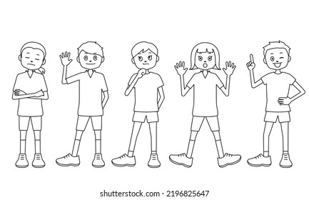 Illustrations of children (boys and girls) with various expressions and poses (white background, vector, clipping)