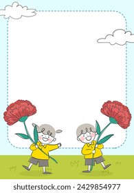 Illustrations of children with carnation flowers and background frames in the fields.