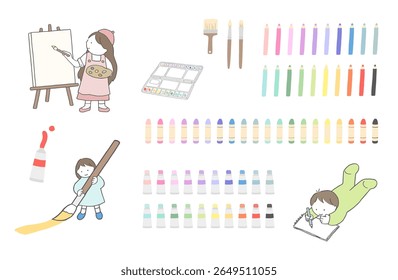 Illustrations of children drawing, illustrations of children taking art classes, and sets of art supplies such as paints, crayons, and colored pencils