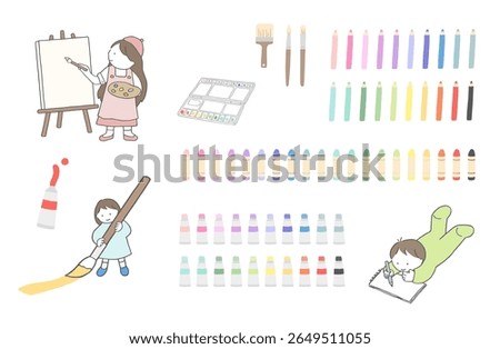 Illustrations of children drawing, illustrations of children taking art classes, and sets of art supplies such as paints, crayons, and colored pencils