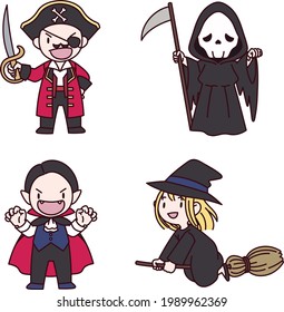 Illustrations of children dressed up as Halloween costumes 