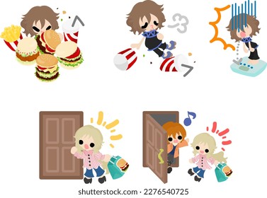Illustrations of children enjoying interaction through delicious foods such as hamburgers and sandwiches 