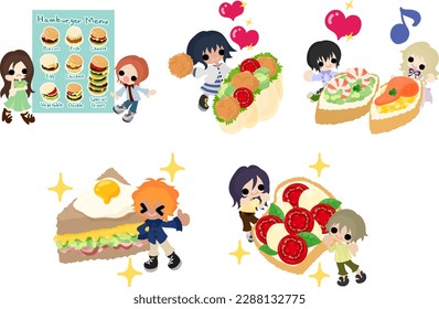 Illustrations of children enjoying interaction through delicious foods such as hamburgers and sandwiches 