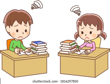 Illustrations of children with a lot of homework