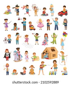 Illustrations with children playing with different toys. Characters kids playing games.