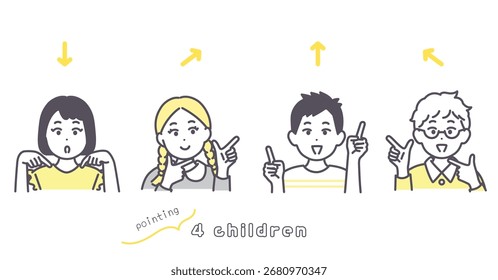 Ilustraciones de niños apuntando en varias direcciones. Vector.