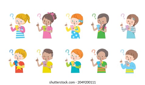 Illustrations of children in the world who have doubts when looking at the screen of a smartphone
