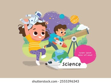 Illustrations of children's activities, with a science theme, high quality illustrations