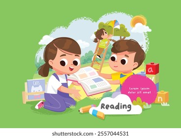 Illustrations of children's activities, with the theme of reading, high quality illustrations for covers, banners and social media