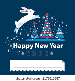 Illustrations for Chinese New Year 2023, year of the Blue Rabbit. Banner, greeting card, invitation. 