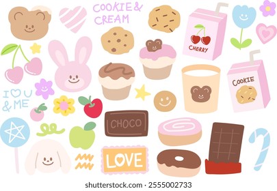 Illustrations of chocolate bar, cookie, cherry juice, candy cane, donuts, cupcake, teddy bear, bunny, puppy, heart, flower for sweet dessert, grocery shopping, Chocolate's Day, snack, pet food, baking