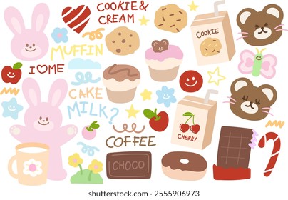 Illustrations of chocolate bar, cookie, cherry juice, candy cane, coffee, donut, cupcake, teddy bear, bunny, milk, flower for sweet dessert, grocery shopping, Chocolate's Day, snack, baking, menu