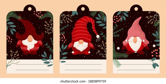 Illustrations for Christmas cards, greetings, design with gnomes. Postcard with cartoon gnomes in red suits. Bearded gnomes in cute hats on the background of foliage. Vector illustration
