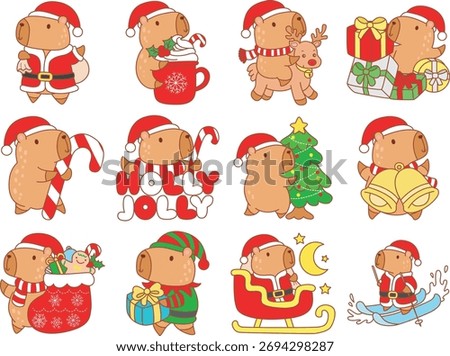 Illustrations christmas theme of cute capybara character clip art for kids. Santa Capybara in the variation of christmas party