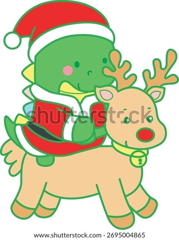 Illustrations christmas theme of cute Dinosaur character clip art for kids. Dinosaur riding a reindeer