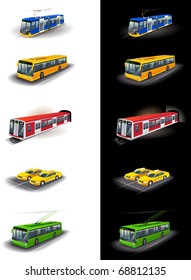 Illustrations of city public transport: bus, tram, taxi, subway, trolleybus.
