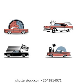 Illustrations of classic cars with retro design elements on white