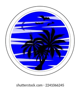 Illustrationen und Clipart. Ein Logo in einem Kreismuster, eine tropische Insel mit Palmen.