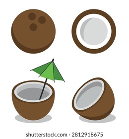 Illustrations of Coconut in Different Styles - Whole, Halved, with Straw and Umbrella, Top View, and Side View. Flat Design Vector, Ideal for Tropical or Drink Themes.