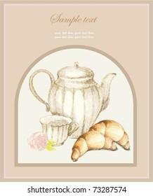 Illustrations of the coffee pot and croissant and cup. Menu.