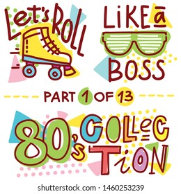Illustrations collection in 80s theme style. Part 1 of 13. Hand drawn art in cartoon style for web, print, 