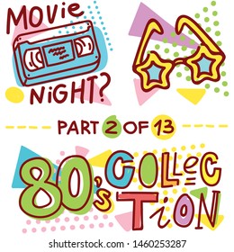Illustrations collection in 80s theme style. Part 2 of 13. Hand drawn art in cartoon style for web, print, 
